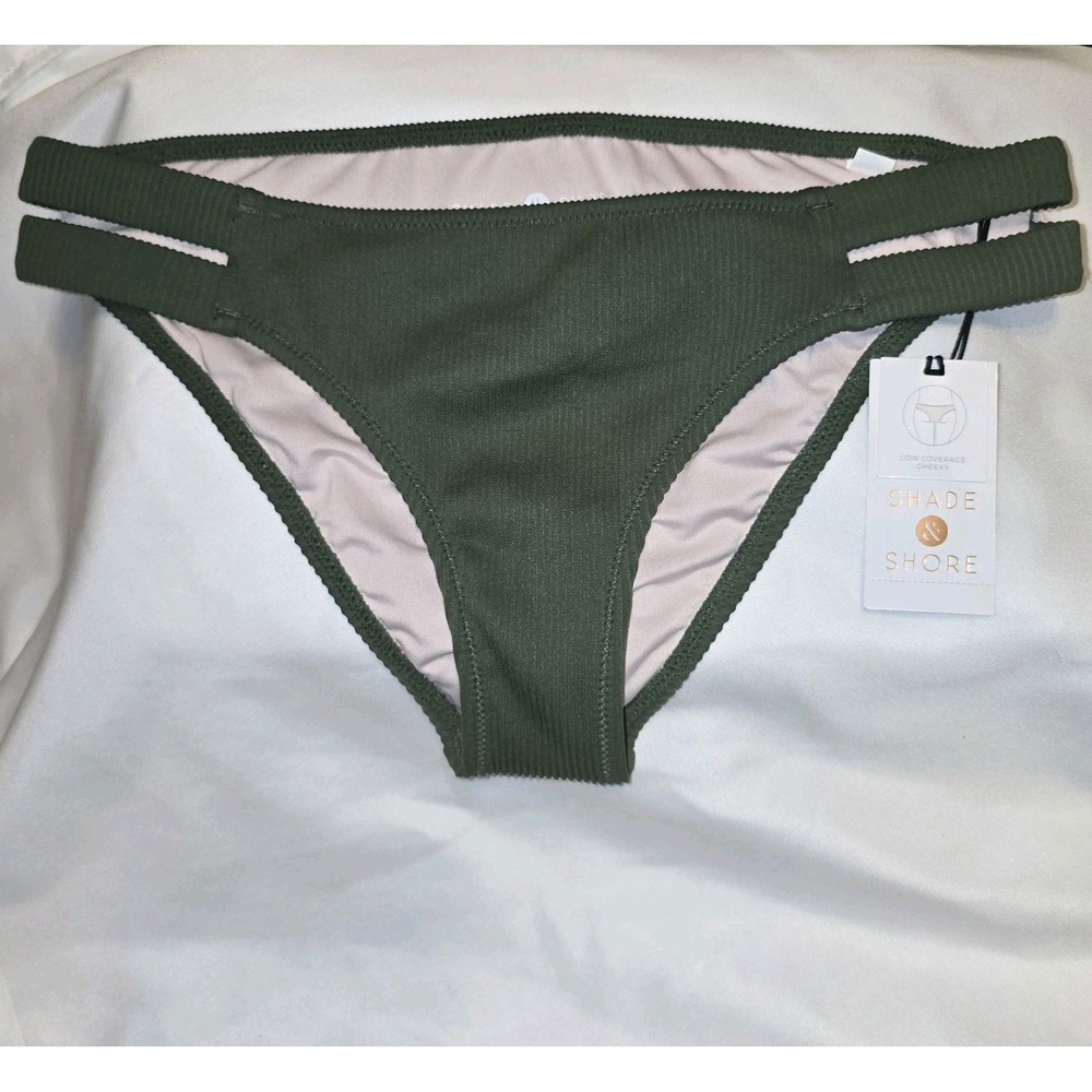 NEW Womens Shade & Shore Textured Hipster Bikini Bottom Army Green Size Small